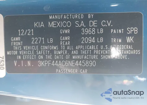 2022 Kia Forte Gt z USA, uszkodzony, nr VIN 3KPF44AC6NE445890